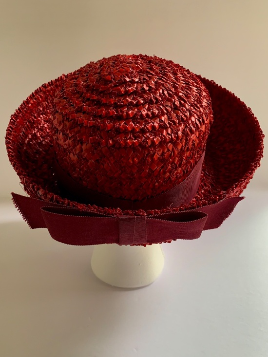Vintage 1950s Red Breton Straw Hat Union Made Wide Brim Derby Medium